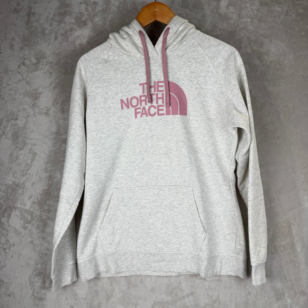 The North Face Womens Gray Pink Logo Pullover Hoodie Sweatshirt Large